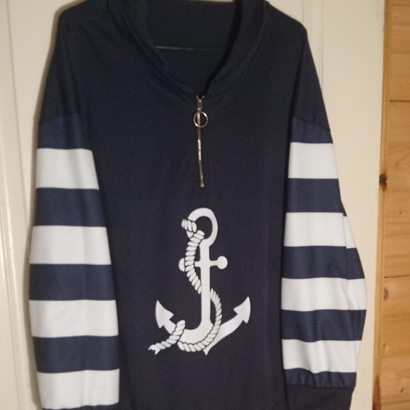 Women's Nautical Anchor Navy and White Hoodie, Size 3X - Picture 2 of 3